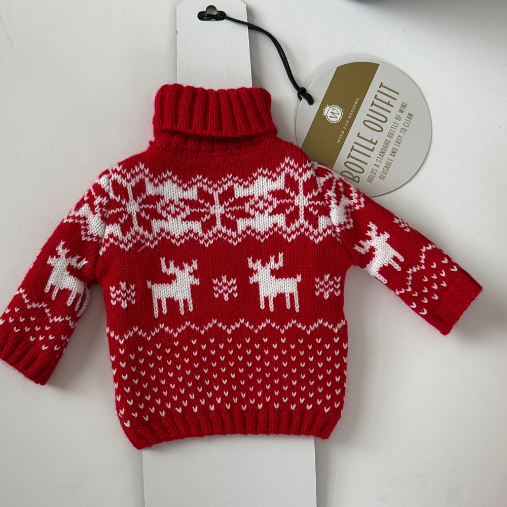 Wine Bottle Red and White Knit Sweater with Reindeer Pattern